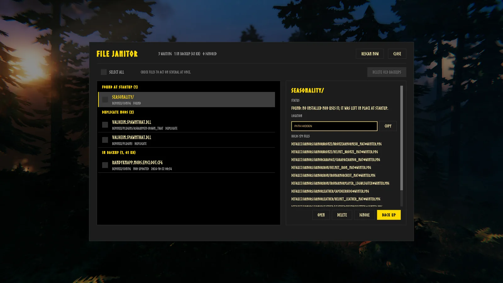 The File Janitor menu with Seasonality's config folder, left behind after the mod was removed, listed under Found at Startup with the files it holds, ready to delete, back up or ignore.