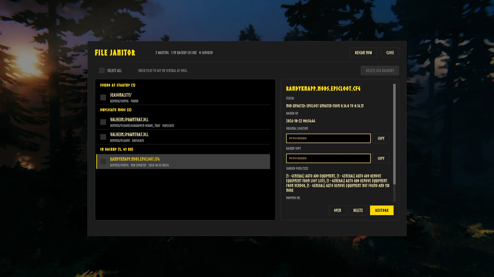 Epic Loot updated from 0.14.0 to 0.14.13: File Janitor backed up its config, let the mod write a fresh one, and lists the 122 settings it carried over.