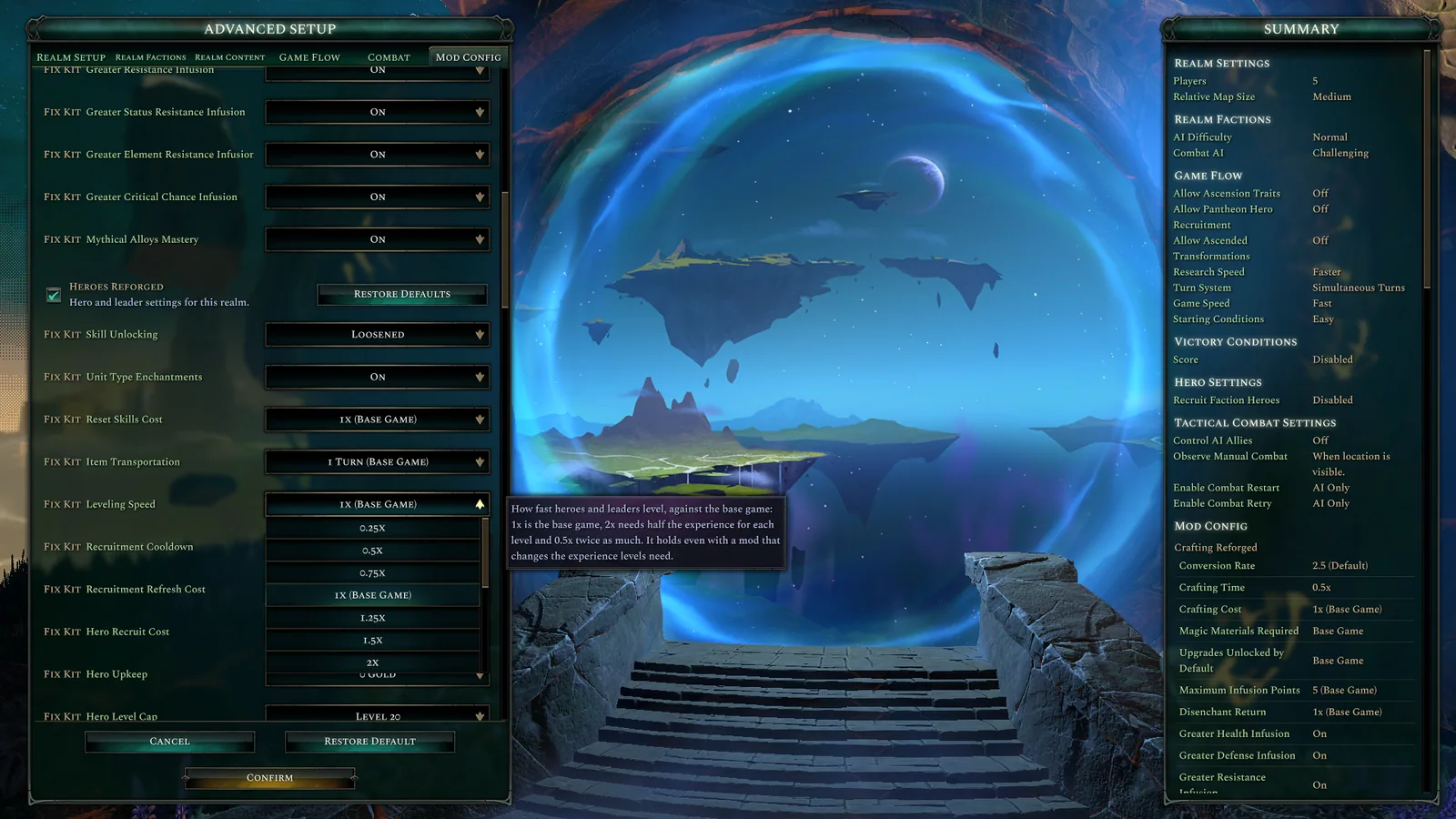 A dropdown lists the choices in the mod's own order and words, and hovering a setting explains what each choice does.