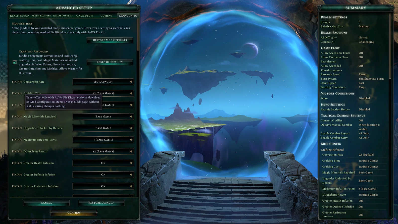 A setting that takes effect only with AoW4 Fix Kit carries a Fix Kit mark, and its tooltip says where to download it.