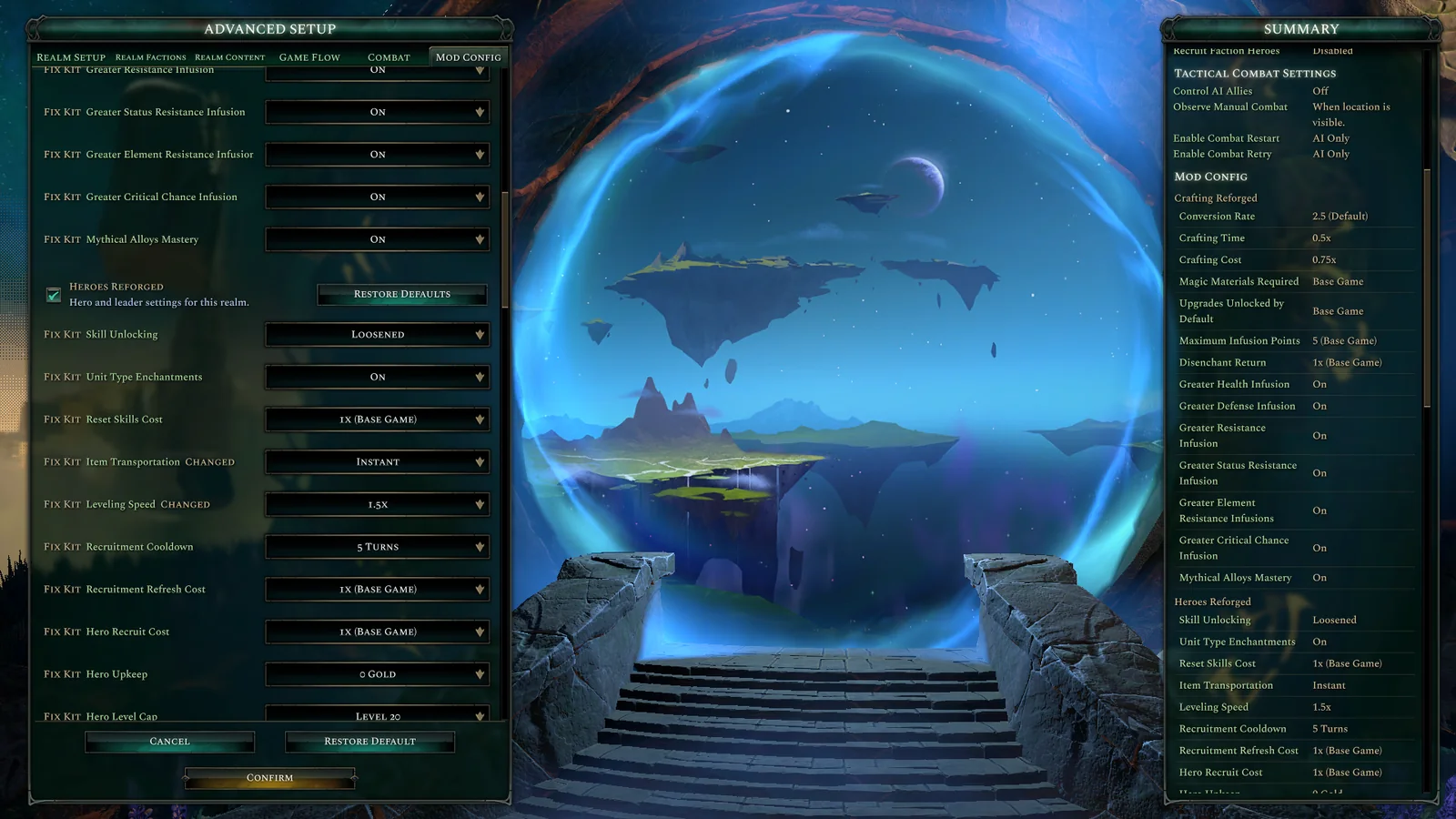 The Summary lists every mod setting with its current choice in its own Mod Config section.