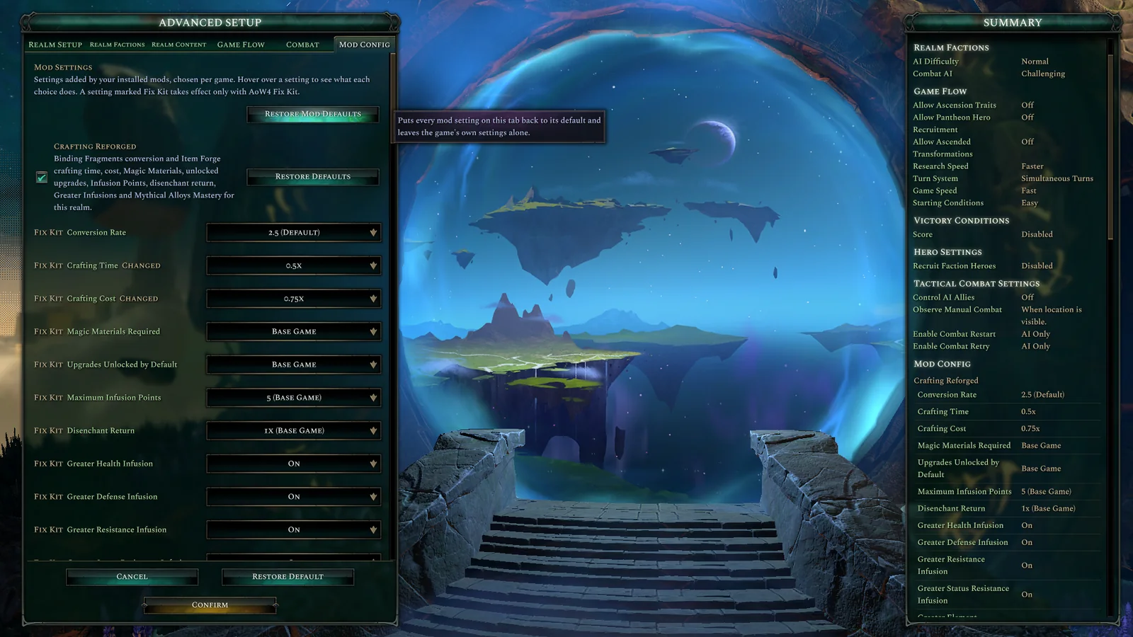 One button puts every mod setting back to its default and leaves the game's own settings alone.