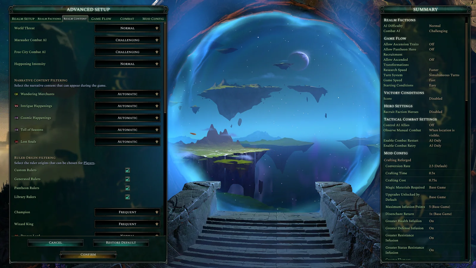 Narrative Content Filtering keeps only the game's own entries, while mod settings move to the Mod Config tab.